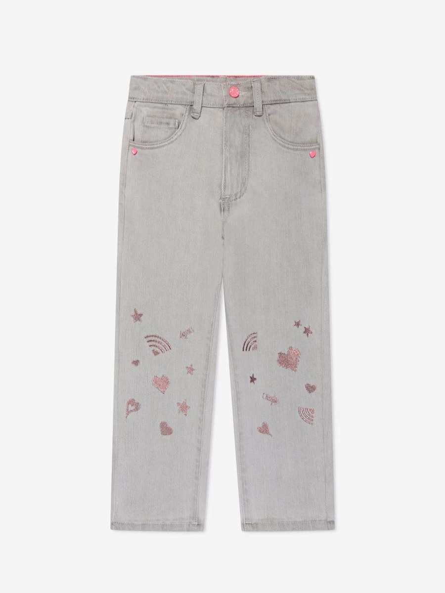 "Billieblush Girls' Embroidered Mom Fit Jeans - Grey Distressed Denim for Teens"