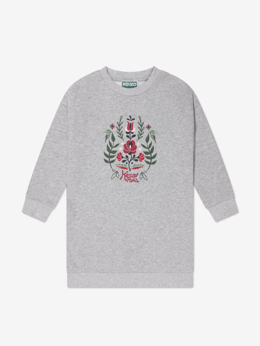 KENZO KIDS Grey Embroidered Sweater Dress for Teen Girls - Elegant Knitwear