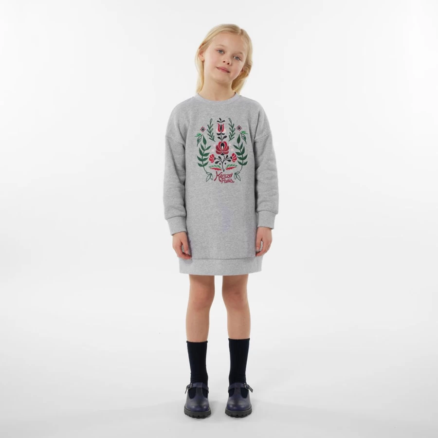 KENZO KIDS Grey Embroidered Sweater Dress for Teen Girls - Elegant Knitwear