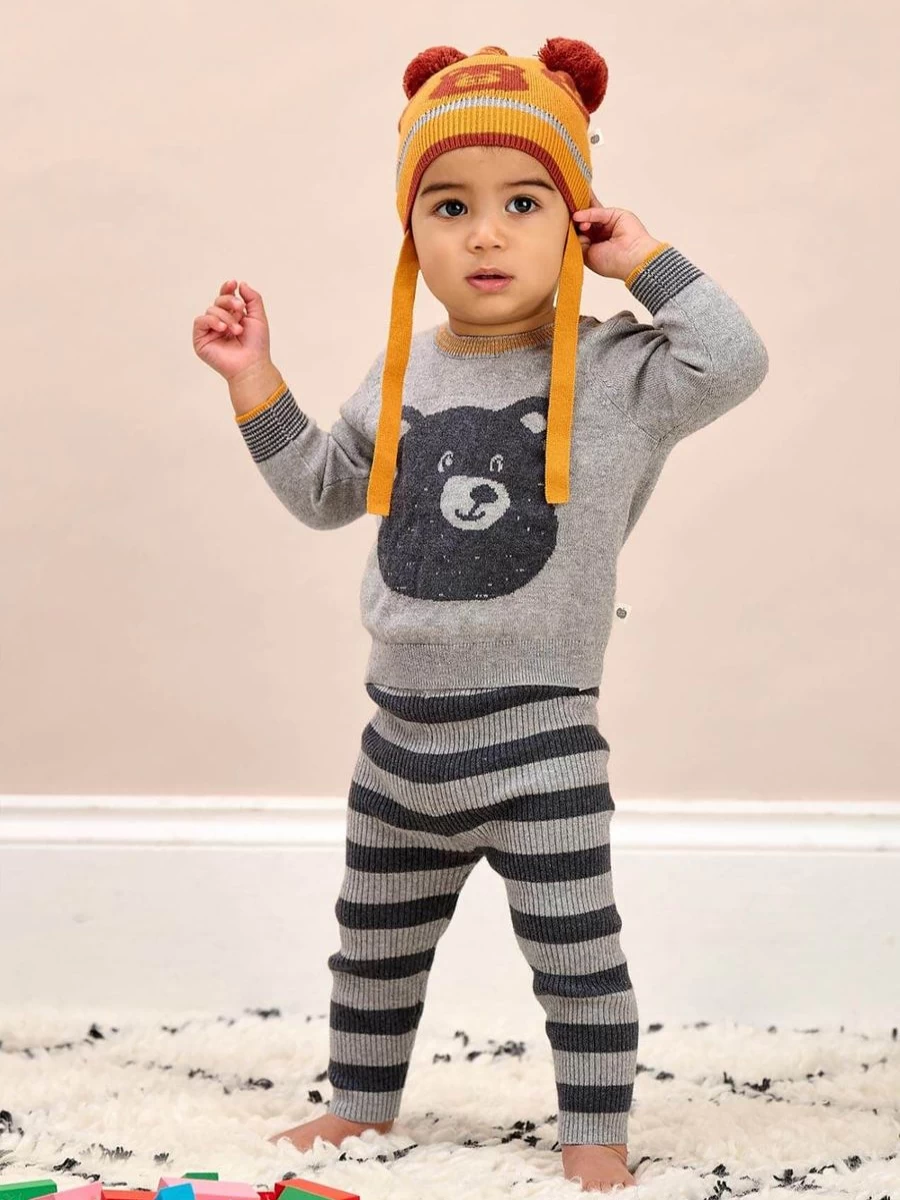 The Bonnie Mob Girls' Grey Bear Cashmere Knit Jumper for Kids