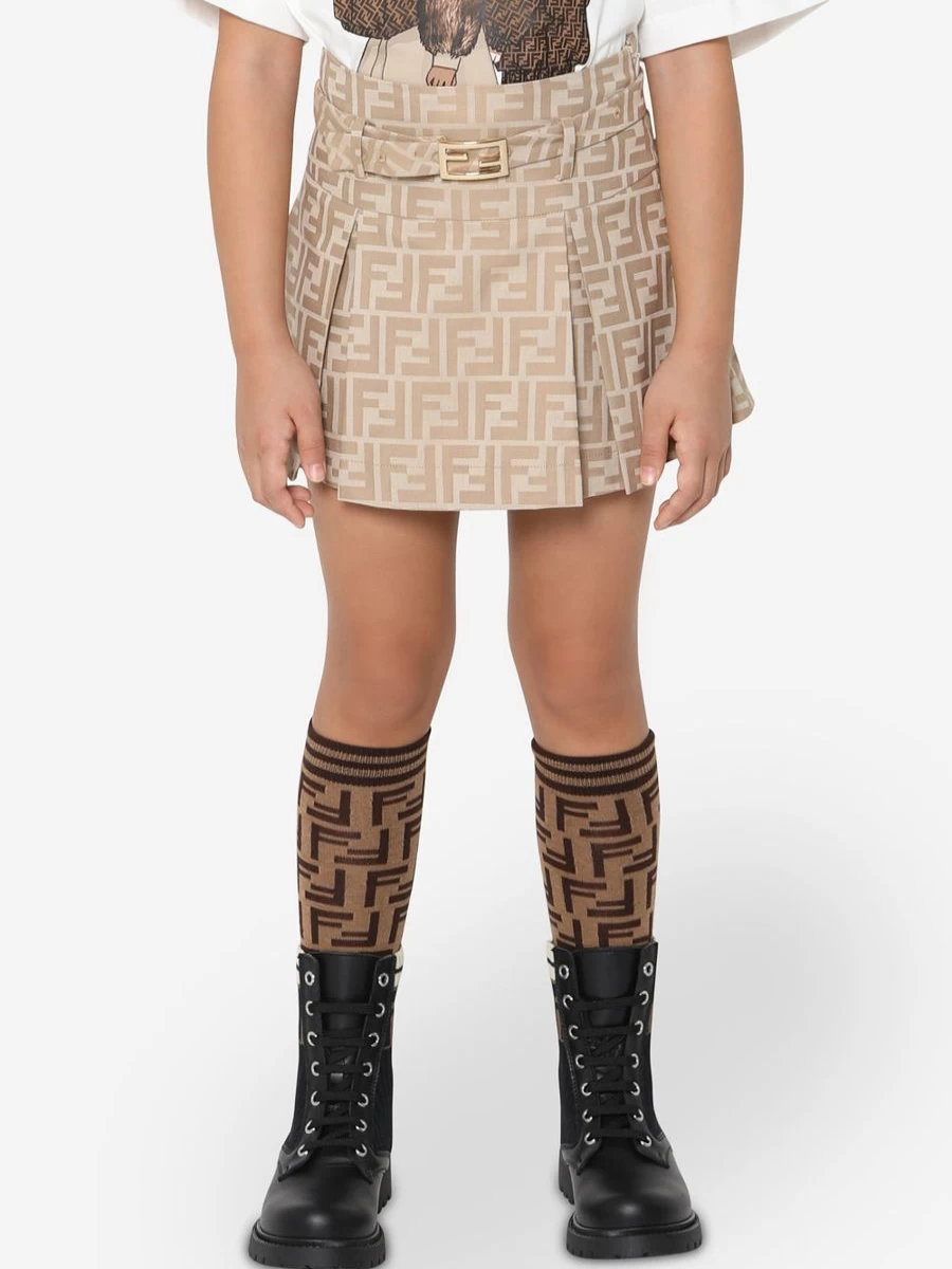 Fendi Kids Teen Beige FF Logo Buckle Skirt | Designer Skirt for Girls