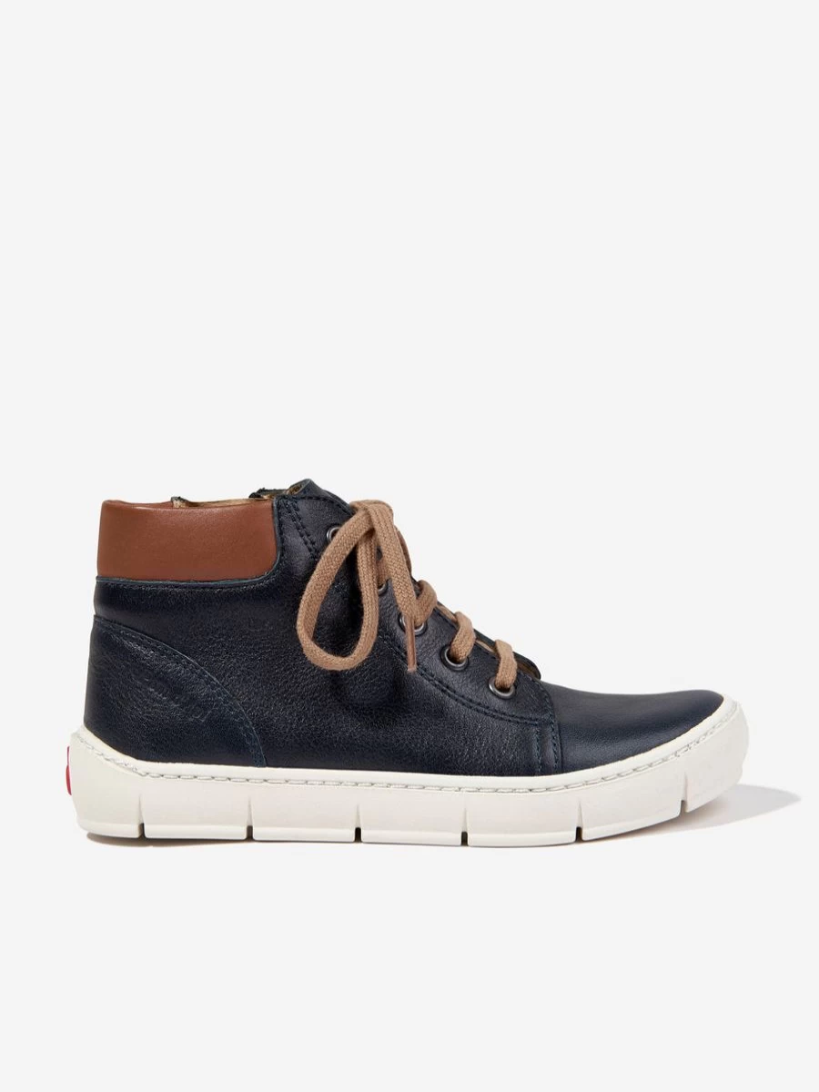 Pom D'Api Boys Navy Leather High Top Sneakers for School and Casual Wear