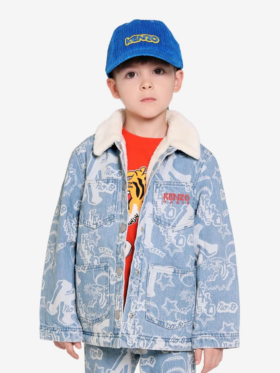 KENZO KIDS Boys Blue Denim Jacket with Faux Shearling Lining