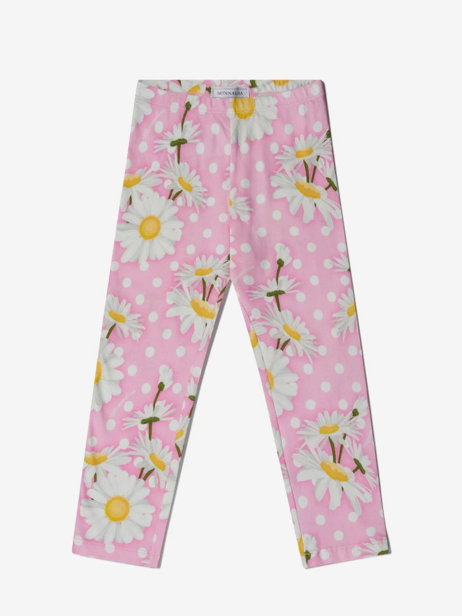 Monnalisa Girls' Cotton Polka Dot Daisy Print Leggings for Toddlers and Kids