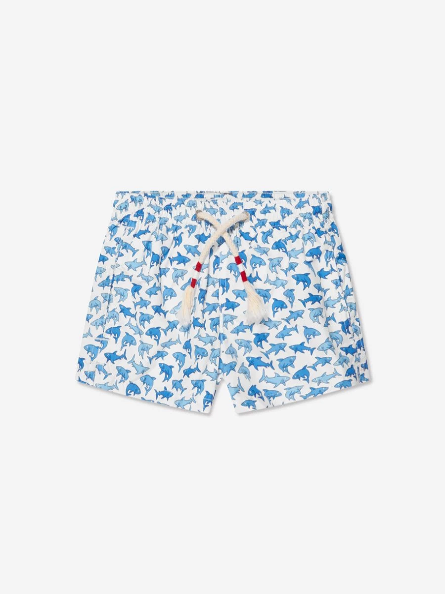 MC2 Saint Barth Boys Shark Print Swim Shorts - White Beachwear