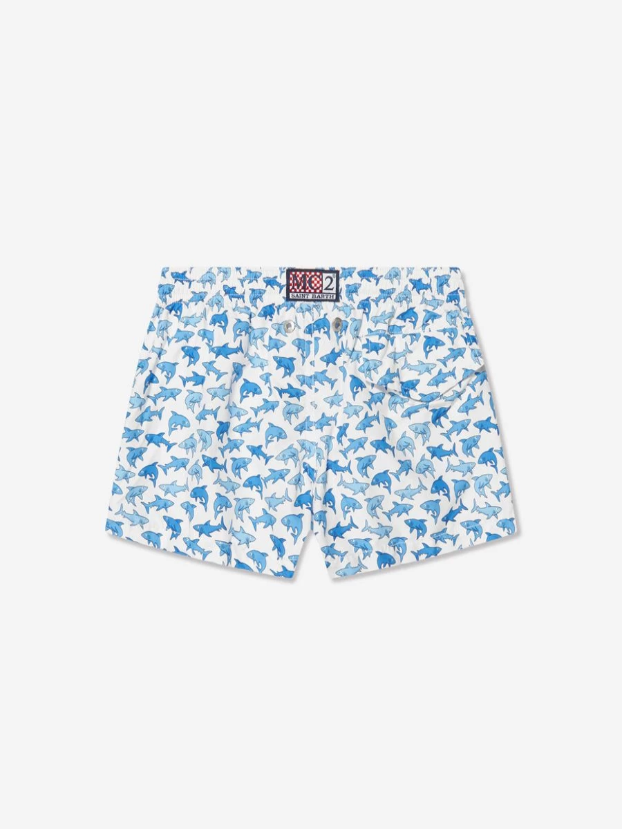 MC2 Saint Barth Boys Shark Print Swim Shorts - White Beachwear