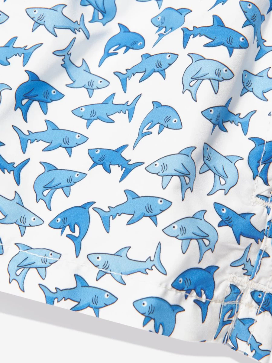 MC2 Saint Barth Boys Shark Print Swim Shorts - White Beachwear