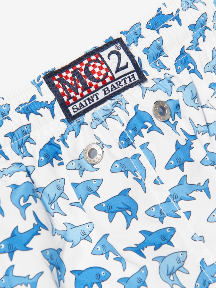 MC2 Saint Barth Boys Shark Print Swim Shorts - White Beachwear