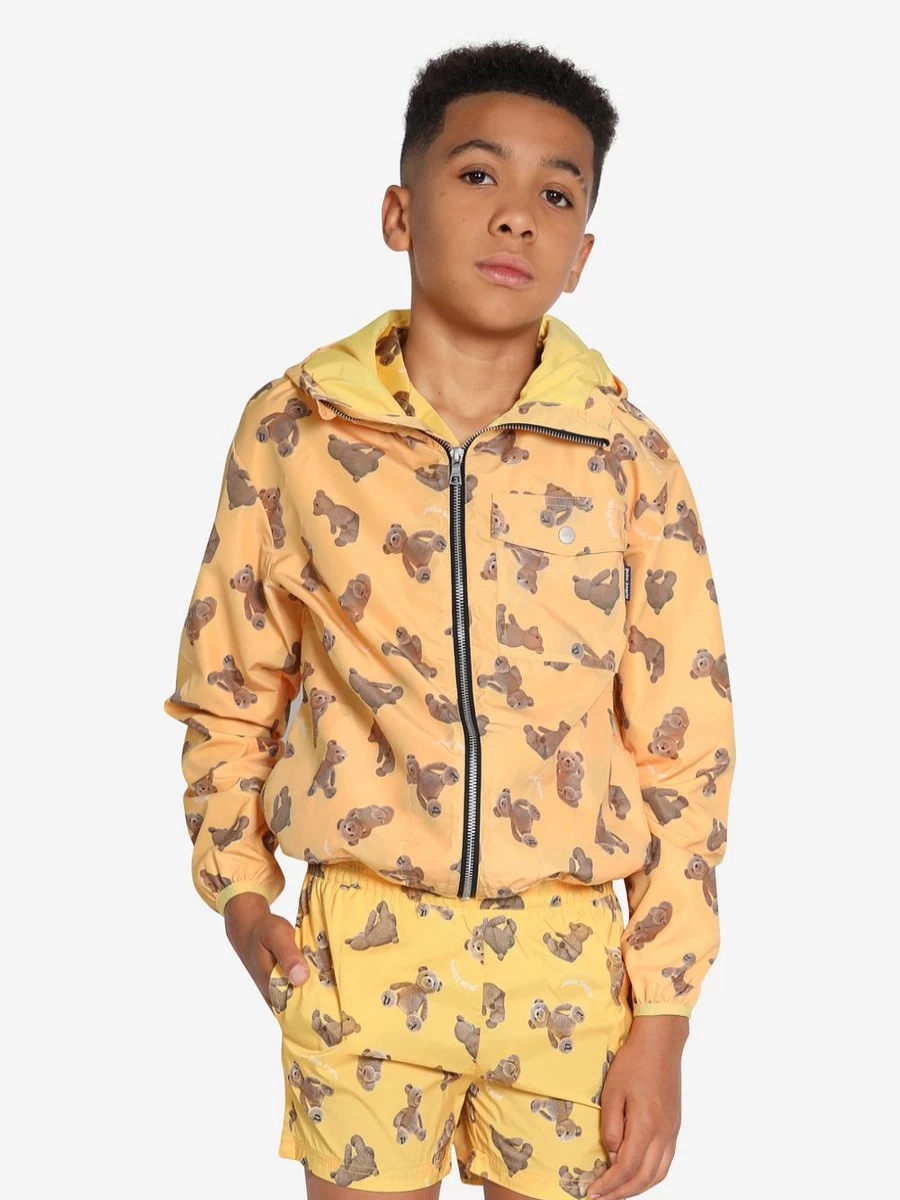 Palm Angels Boys Bear Print Windbreaker Jacket in Yellow