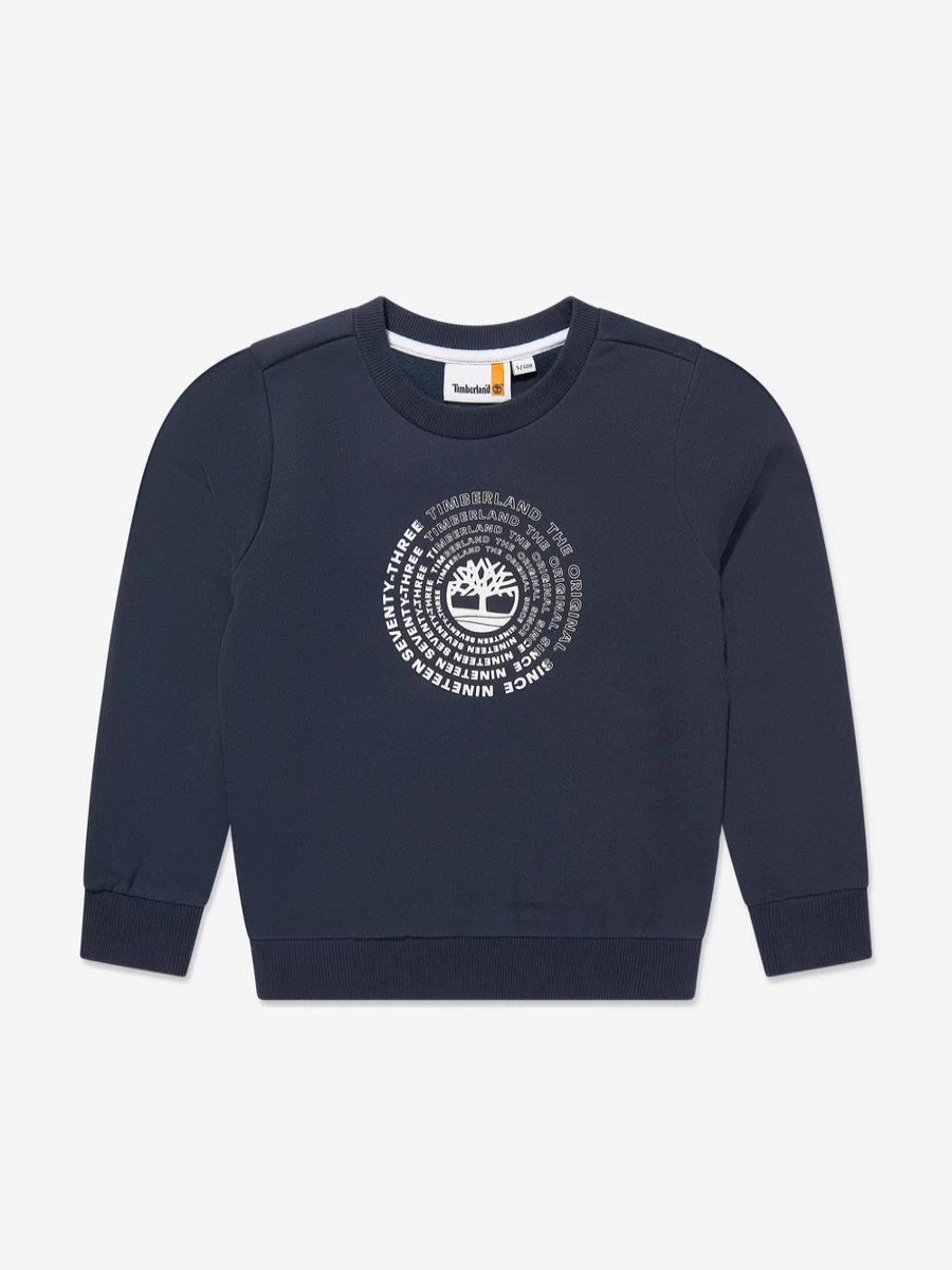 Timberland Boys Navy Logo Print Sweatshirt - Comfortable Casual Pullover for Kids