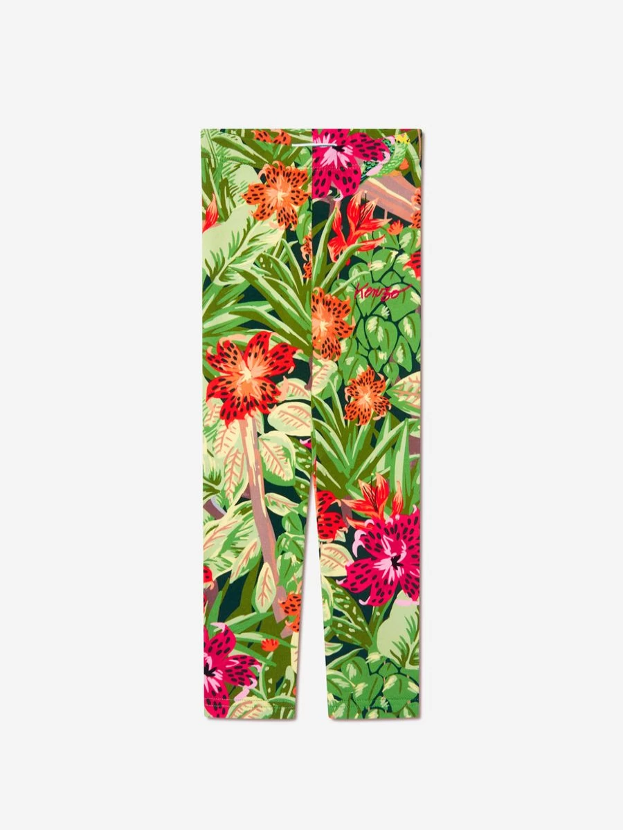 KENZO KIDS Girls Green Tropical Print Leggings - Vibrant Floral Design Comfortable Stretch Fit