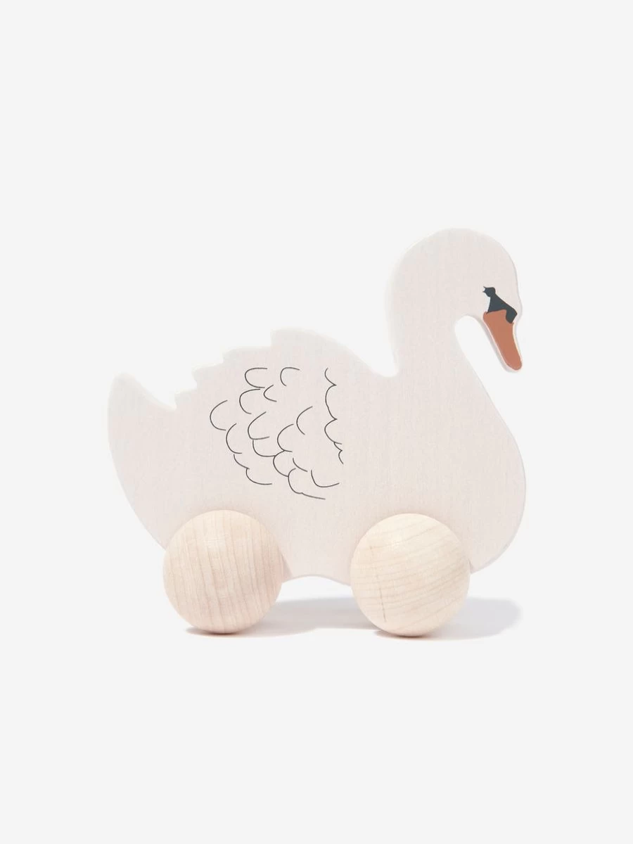 Konges Slojd Ivory Baby Wooden Rolling Swan Toy for Newborns and Infants