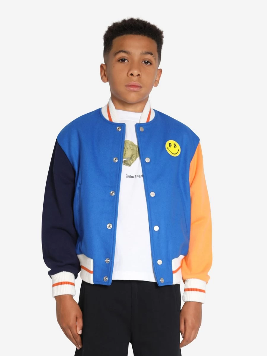 Palm Angels Boys Blue Smiley Bear Embroidered Varsity Jacket