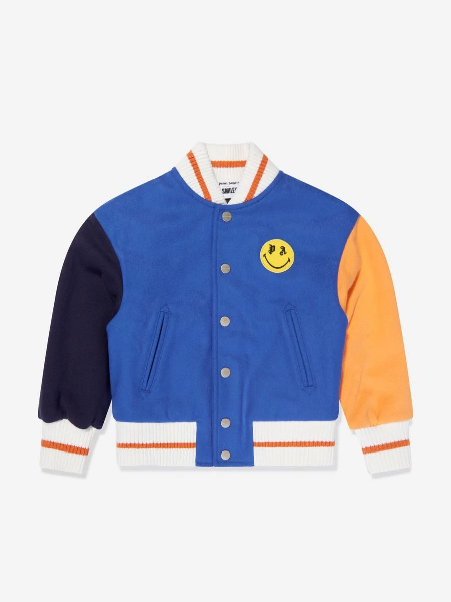 Palm Angels Boys Blue Smiley Bear Embroidered Varsity Jacket