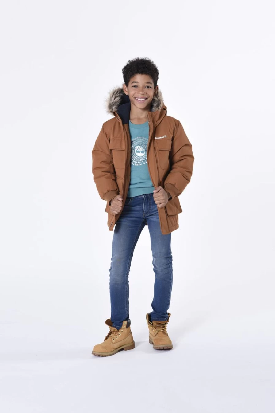 Timberland Teen Boys Brown Hooded Parka Jacket Winter Coat Waterproof Windproof