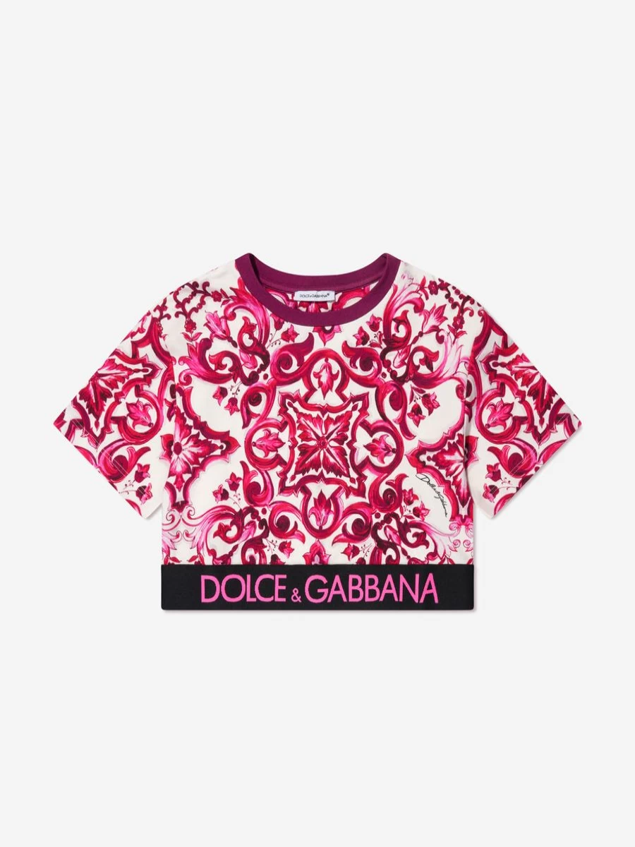 Dolce & Gabbana Kids Pink Majolica Print Cropped T-Shirt for Teen Girls