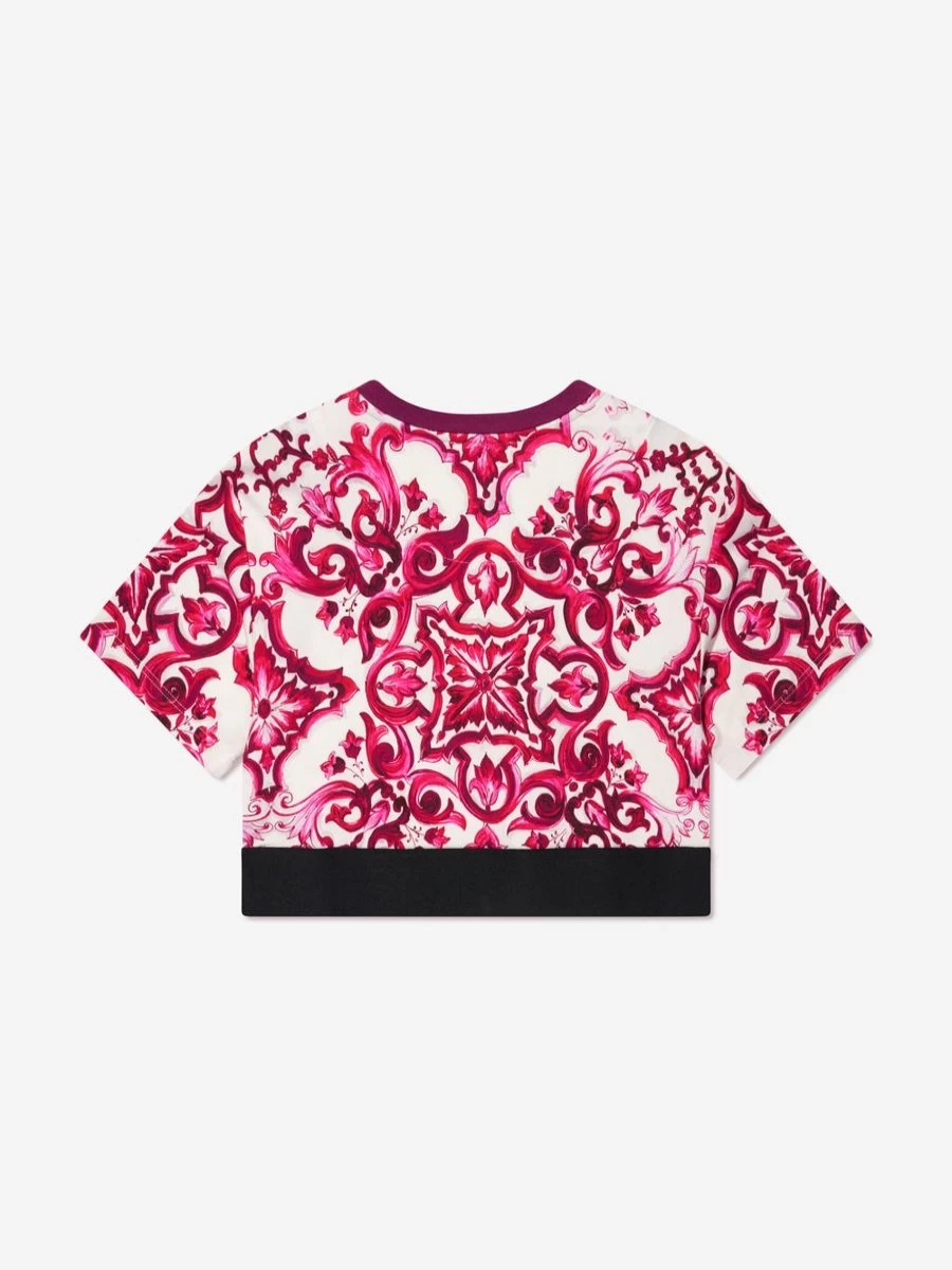 Dolce & Gabbana Kids Pink Majolica Print Cropped T-Shirt for Teen Girls