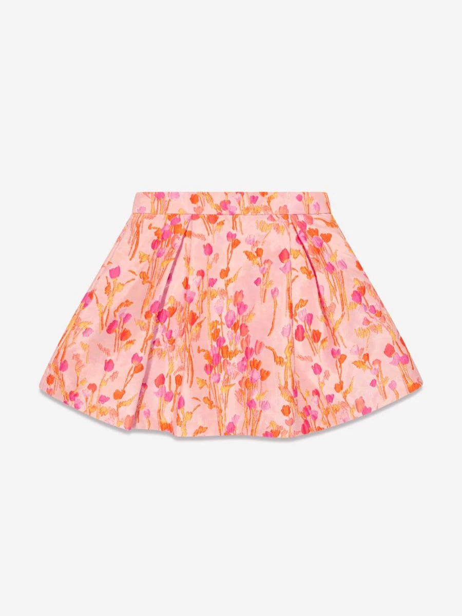 Mama Luma Girls Orange Jacquard Skirt - Floral Printed A-Line Skirt for Kids