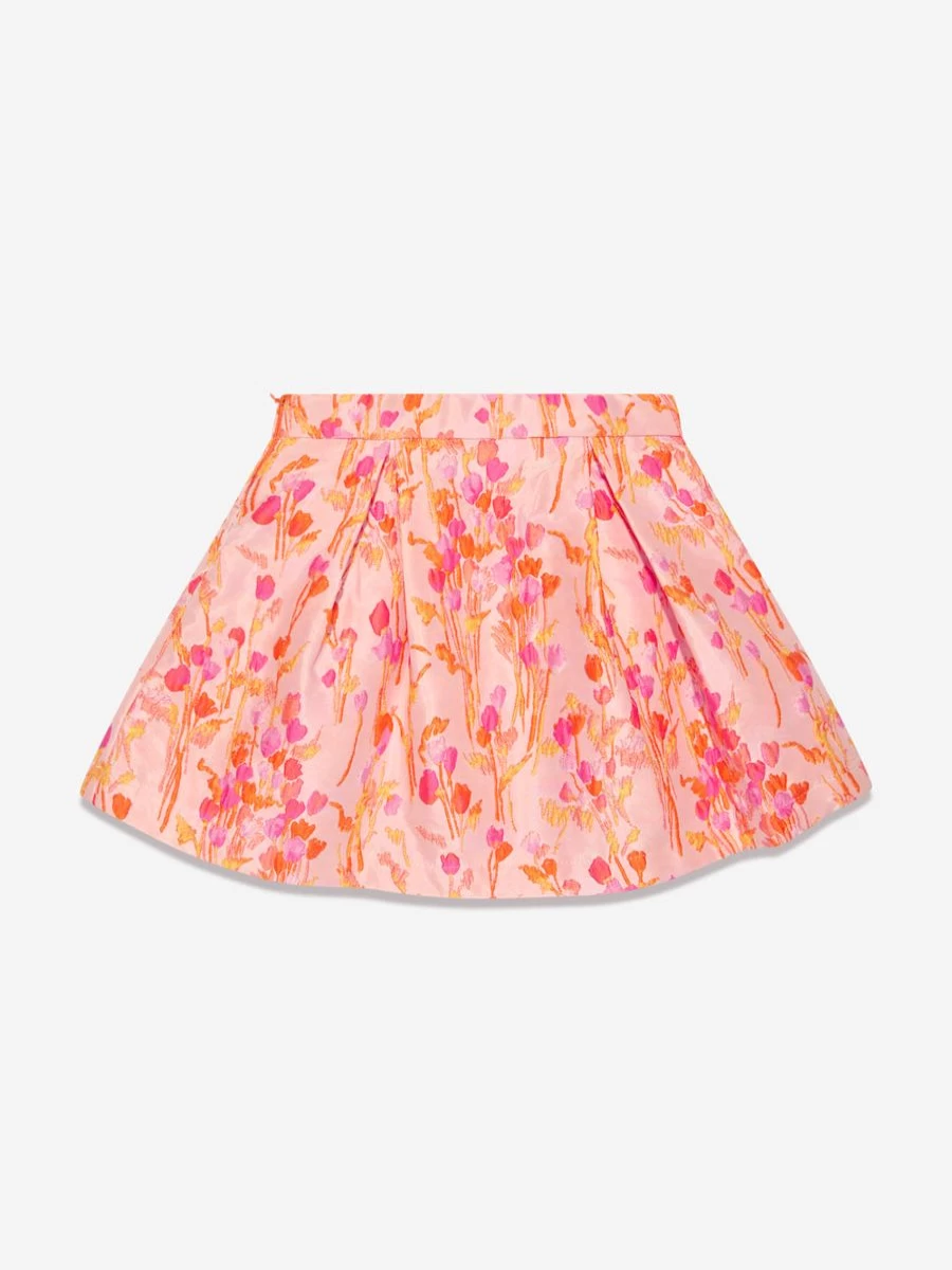 Mama Luma Girls Orange Jacquard Skirt - Floral Printed A-Line Skirt for Kids