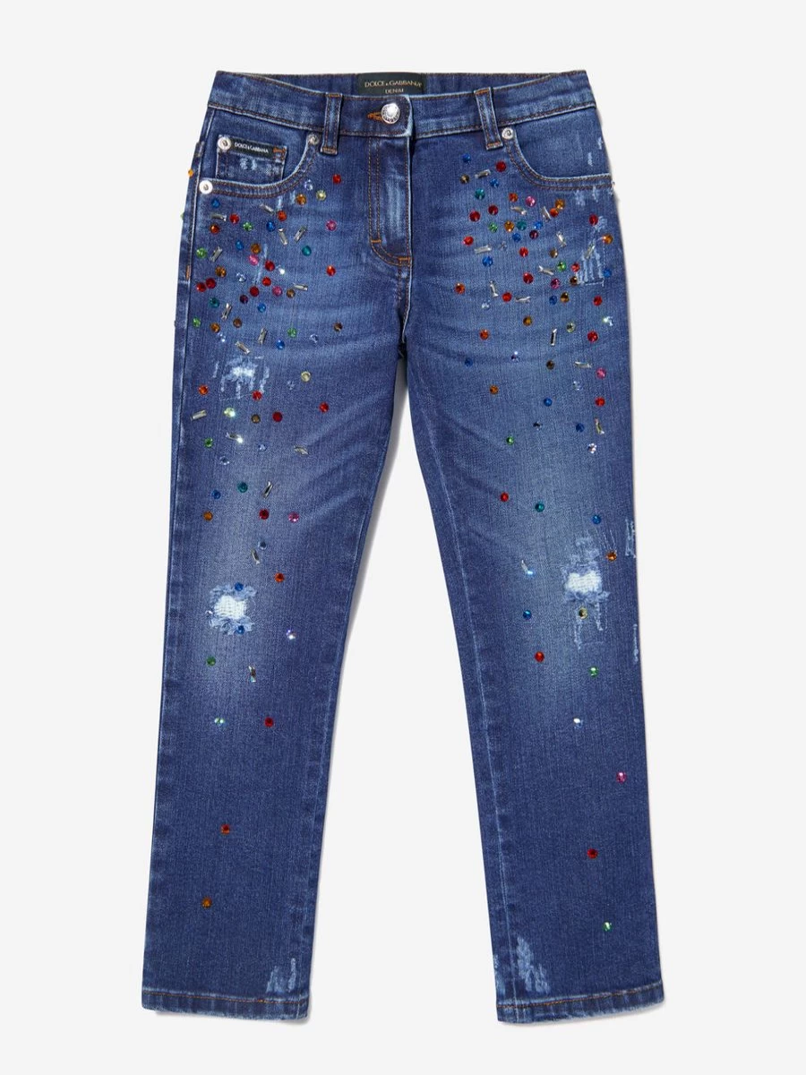 Dolce & Gabbana Kids Girls' Distressed Embellished Cotton Jeans - Vintage Style