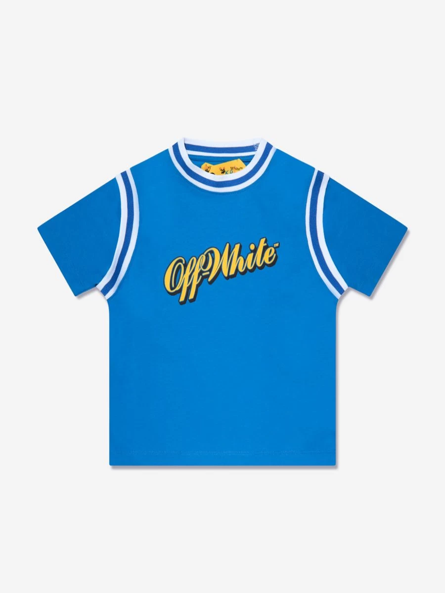 Off-White Boys' Baseball Logo Ribbed T-Shirt - Blue Casual Tee for Youth