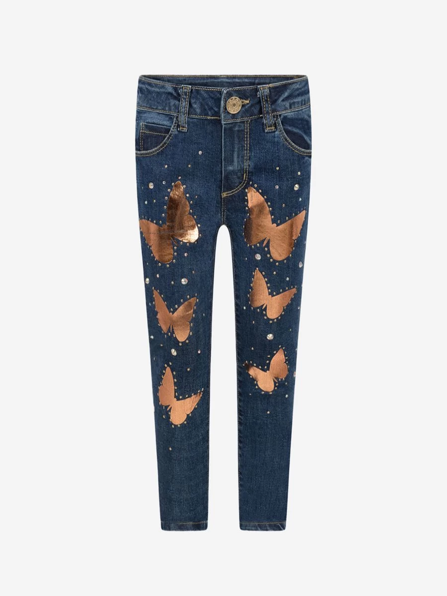 Paesaggino Girls' Denim Jeans with Bronze Butterfly Studs for Stylish Outfits