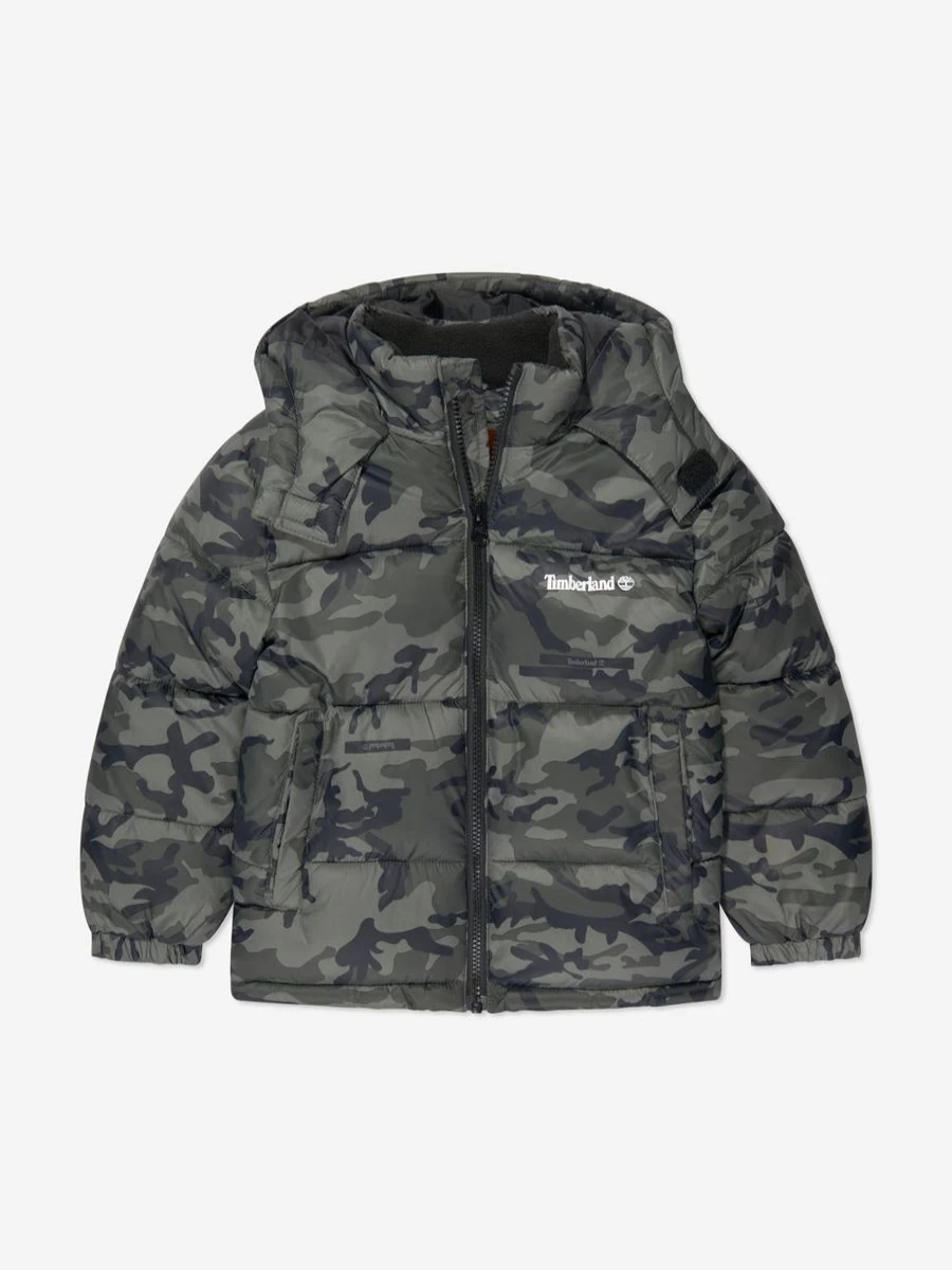 Timberland Boys Green Camouflage Puffer Jacket - Warm Winter Coat for Kids
