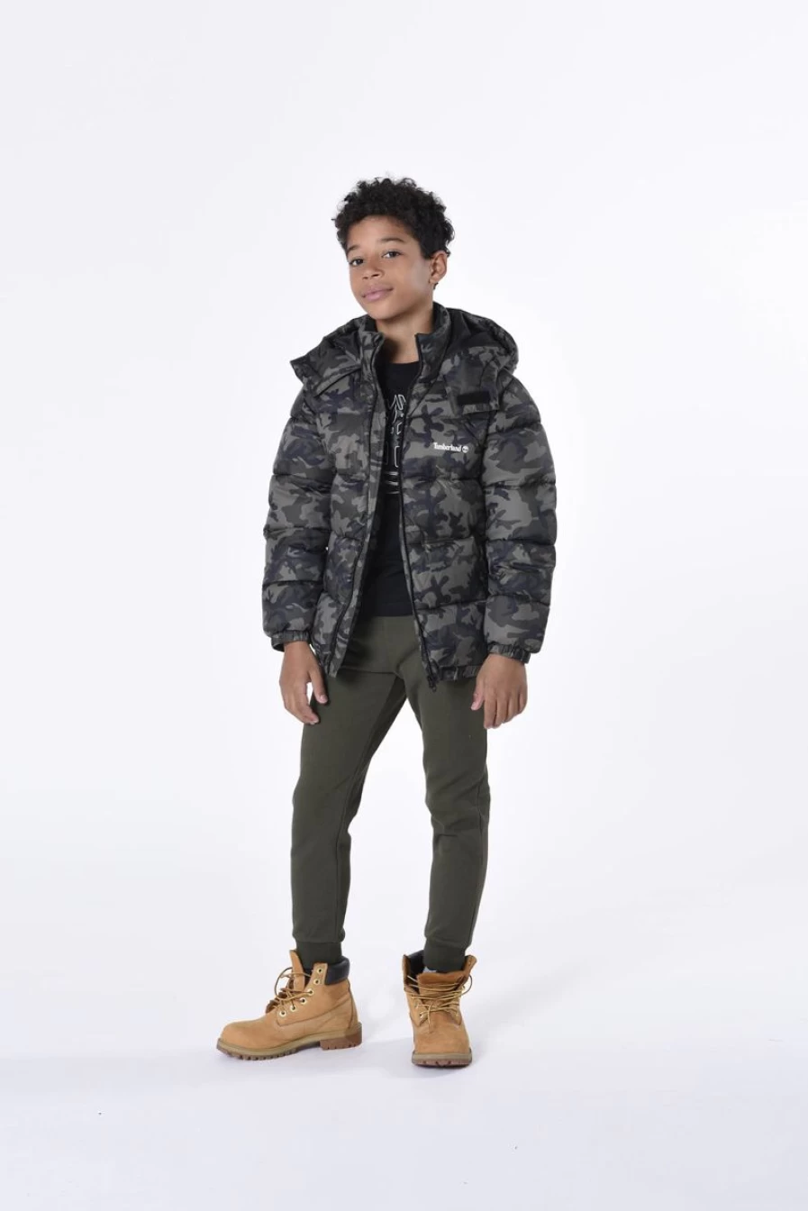 Timberland Boys Green Camouflage Puffer Jacket - Warm Winter Coat for Kids