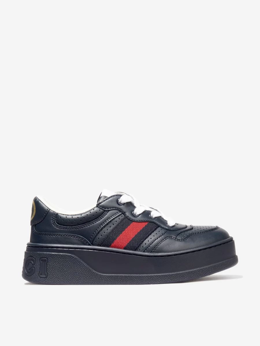 Gucci Kids Boys Navy Leather Sneakers with Web Detail Athletic Trainers