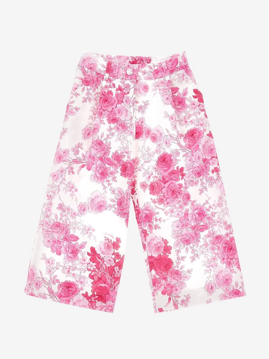 Monnalisa Girls Pink Rose Print Trousers for Kids Floral Design Comfortable Pants