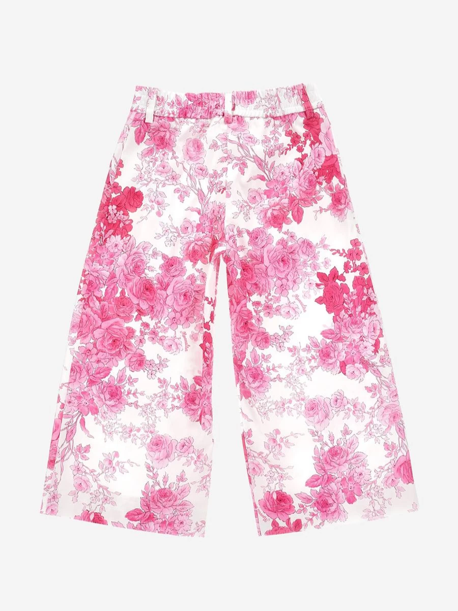 Monnalisa Girls Pink Rose Print Trousers for Kids Floral Design Comfortable Pants
