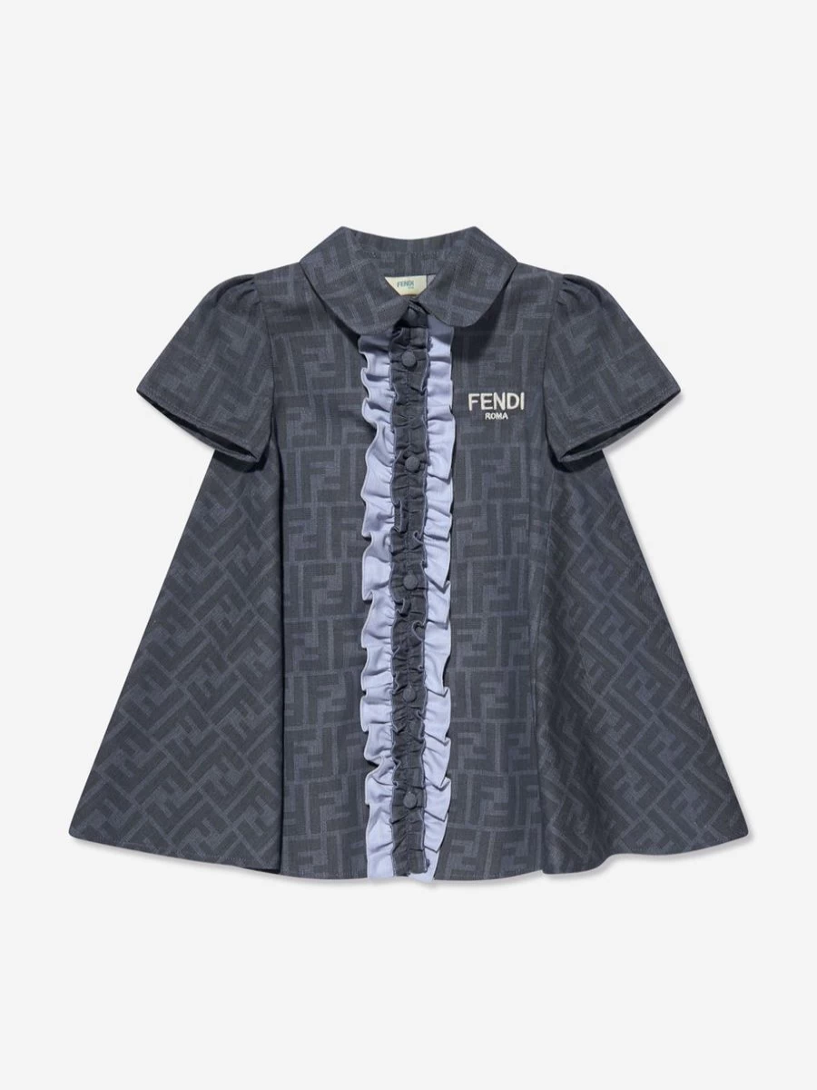 Fendi Kids Baby Girls Blue Chambray Logo Dress