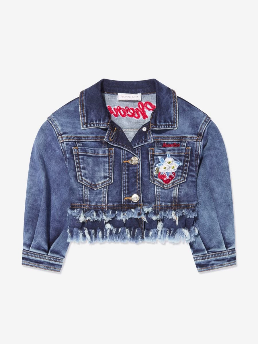 Monnalisa Girls Blue Embroidered Cherries Denim Jacket - Stylish Kids Denim Jacket for Girls