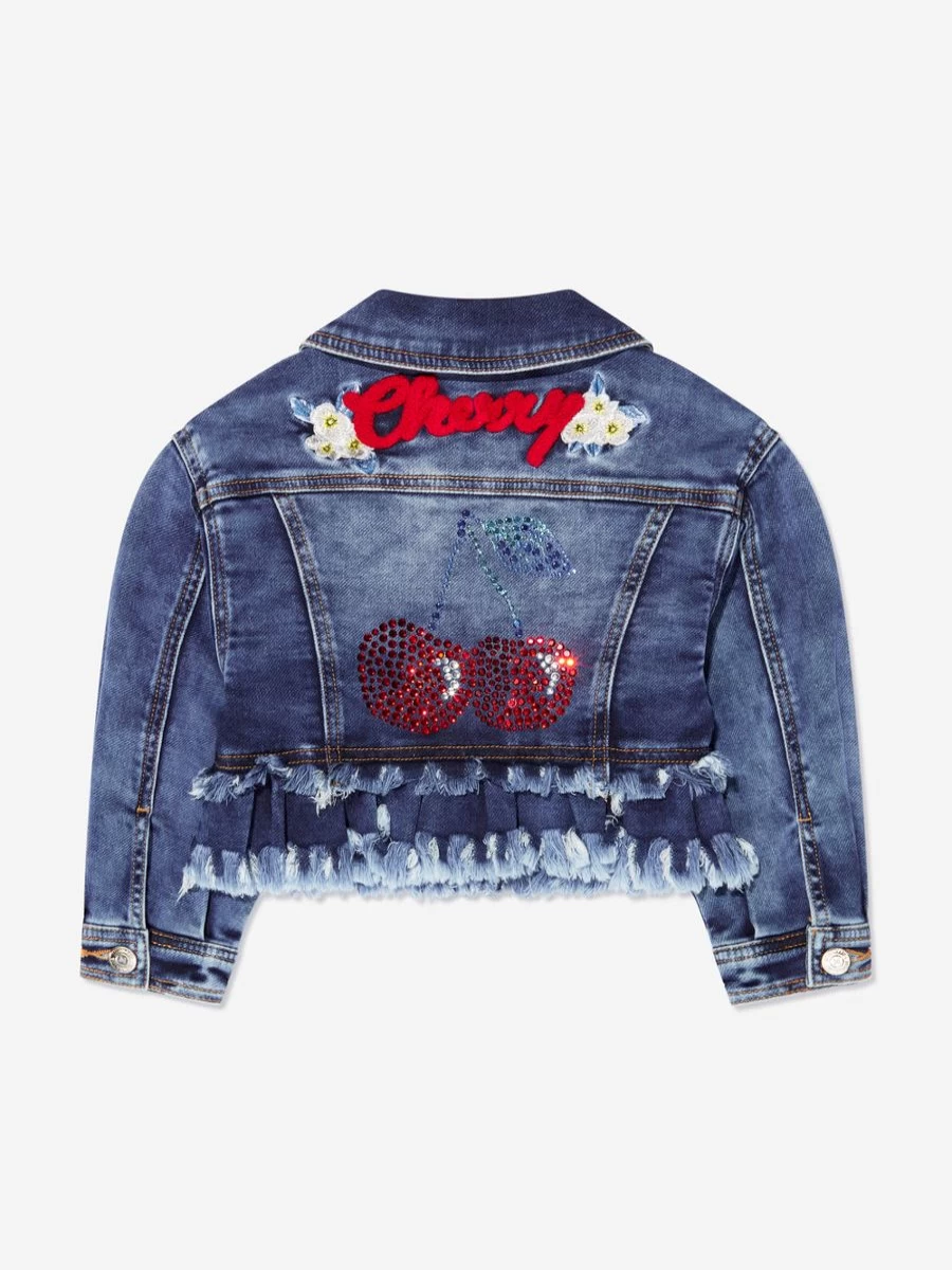 Monnalisa Girls Blue Embroidered Cherries Denim Jacket - Stylish Kids Denim Jacket for Girls
