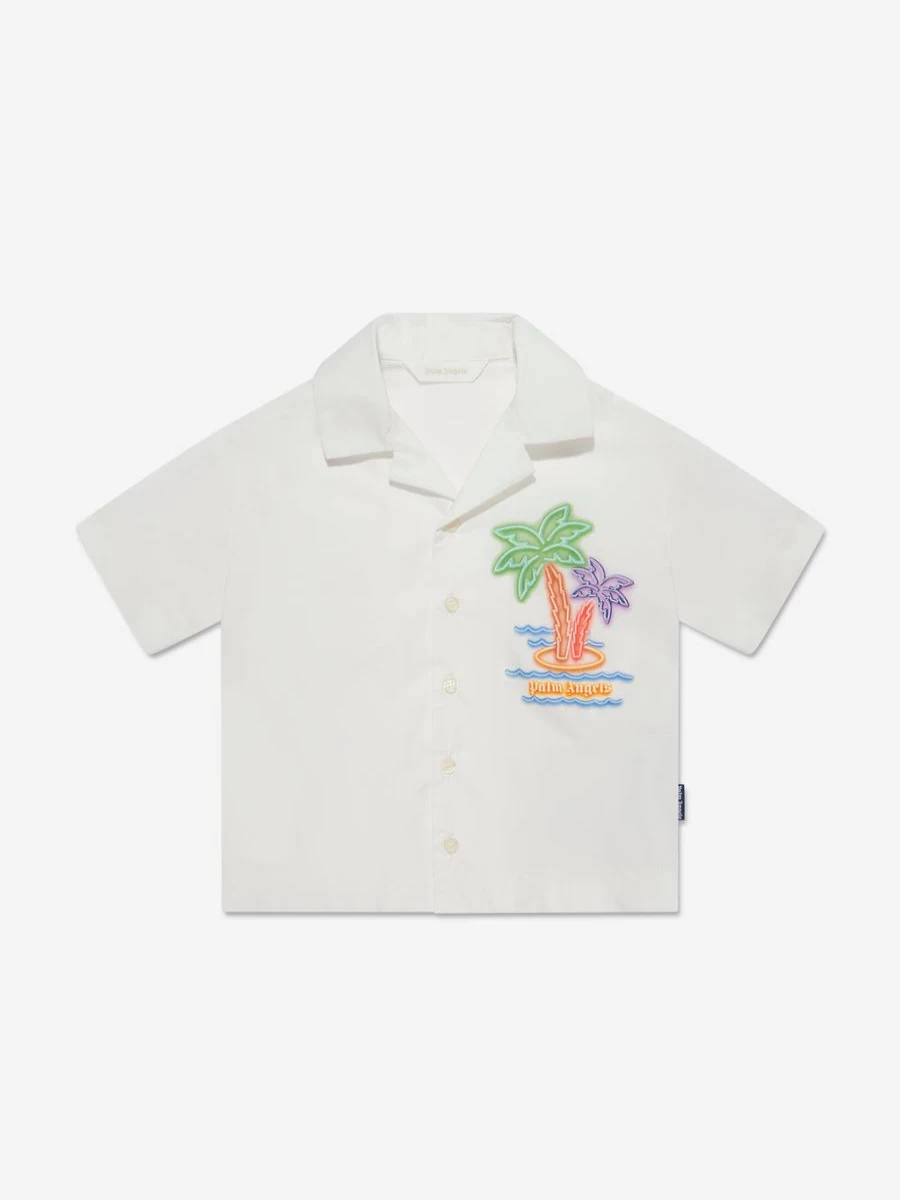Palm Angels Teen Boys White Short Sleeve Shirt with Neon Palms Print