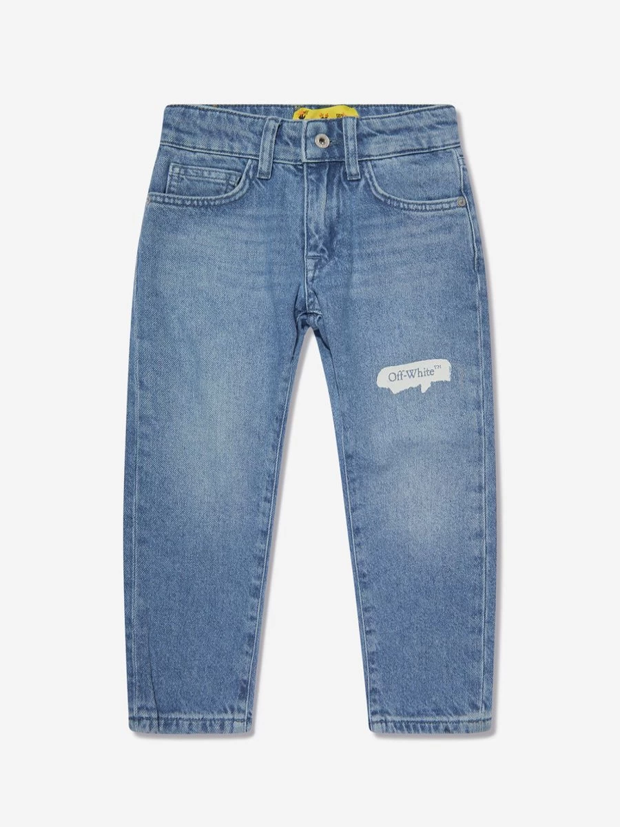 Off-White Boys Blue Paint Graphic Regular Fit Denim Jeans for Kids