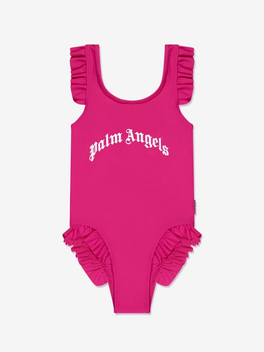 Palm Angels Girls Pink Curved Logo Swimsuit for Summer Beachwear
