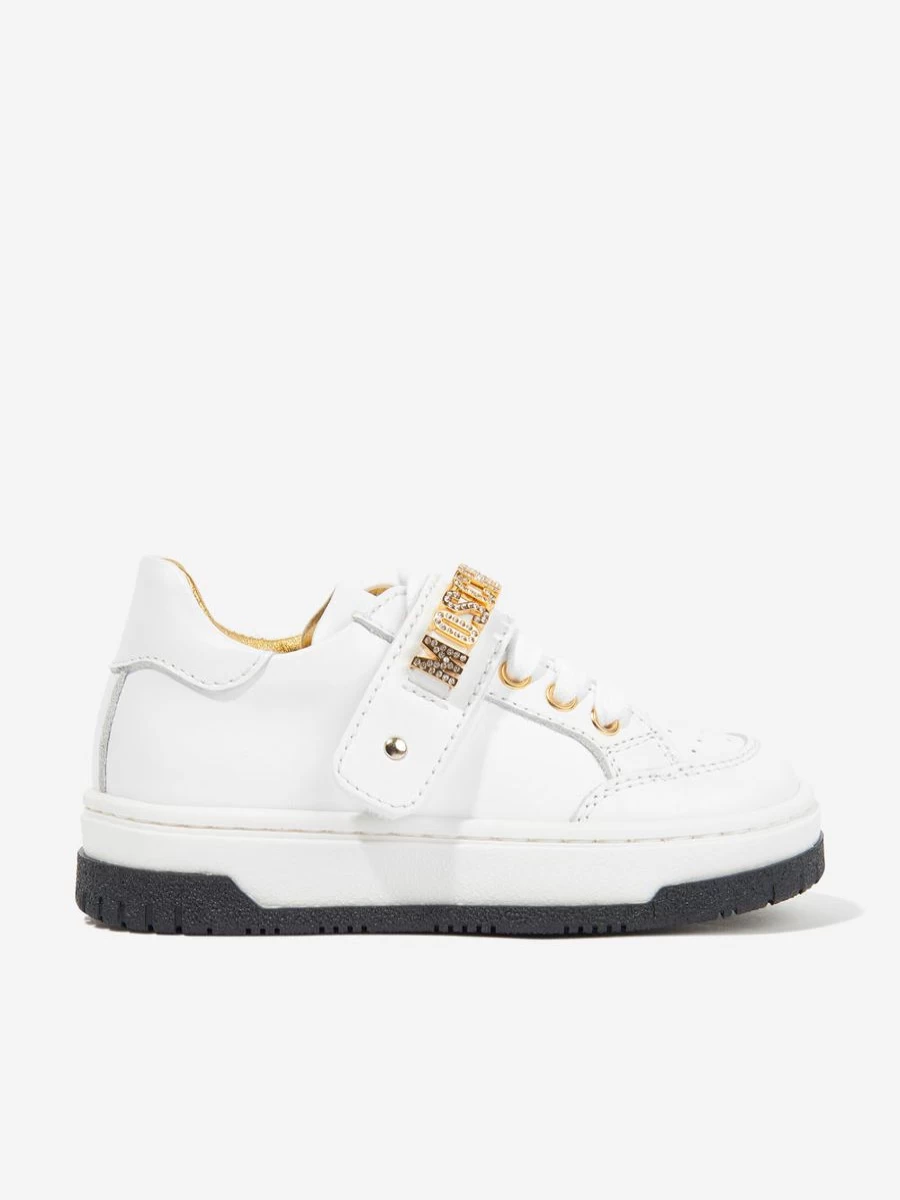 Moschino Kids Girls White Leather Logo Trainers - Stylish & Comfortable
