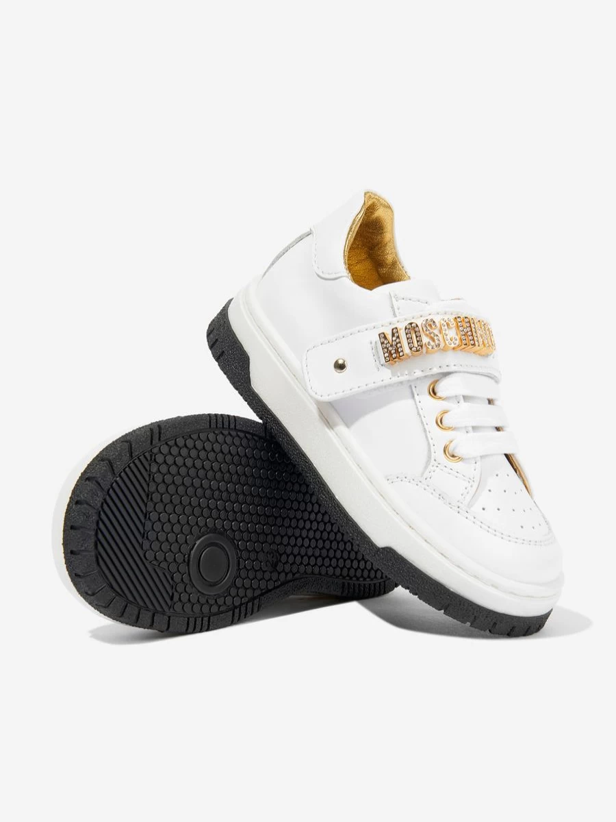 Moschino Kids Girls White Leather Logo Trainers - Stylish & Comfortable