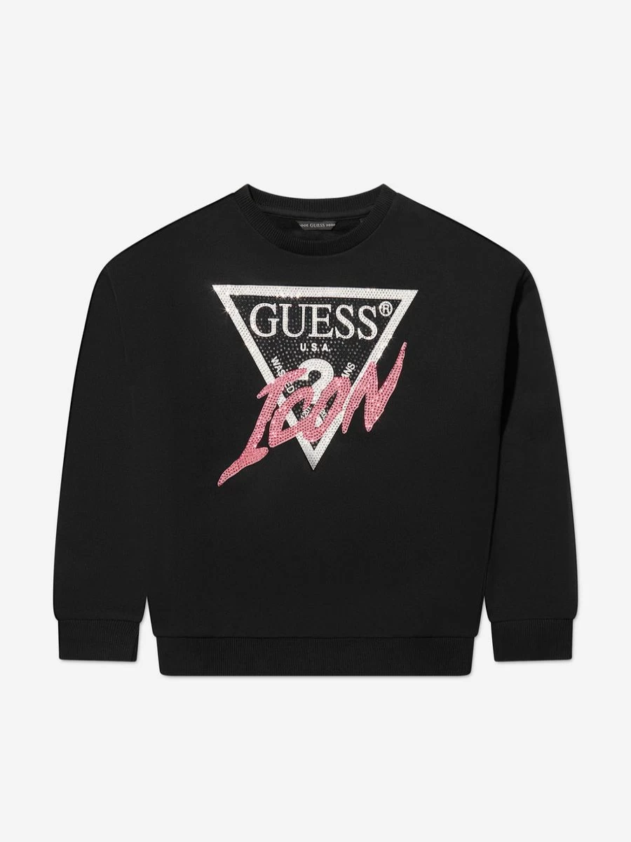 Guess Girls Black Logo Sweatshirt - Casual Pullover Hoodie for Teens