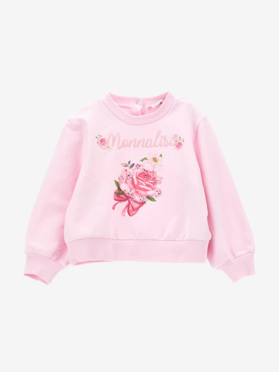 Monnalisa Baby Girls Pink Rose Embroidered Sweatshirt - Soft Cotton Pullover for Infants