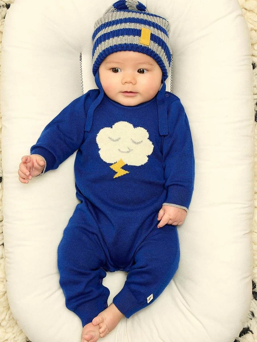 The Bonnie Mob Baby Boys Blue Knitted Cloud Romper - Soft & Comfortable Newborn Outfit