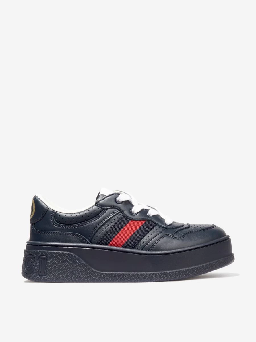 Gucci Girls Navy Leather Trainers With Web Detail Kids Sneakers