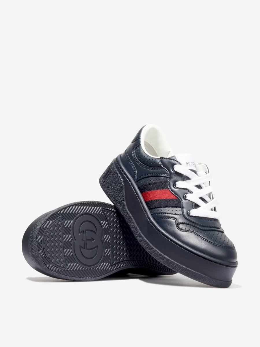 Gucci Girls Navy Leather Trainers With Web Detail Kids Sneakers