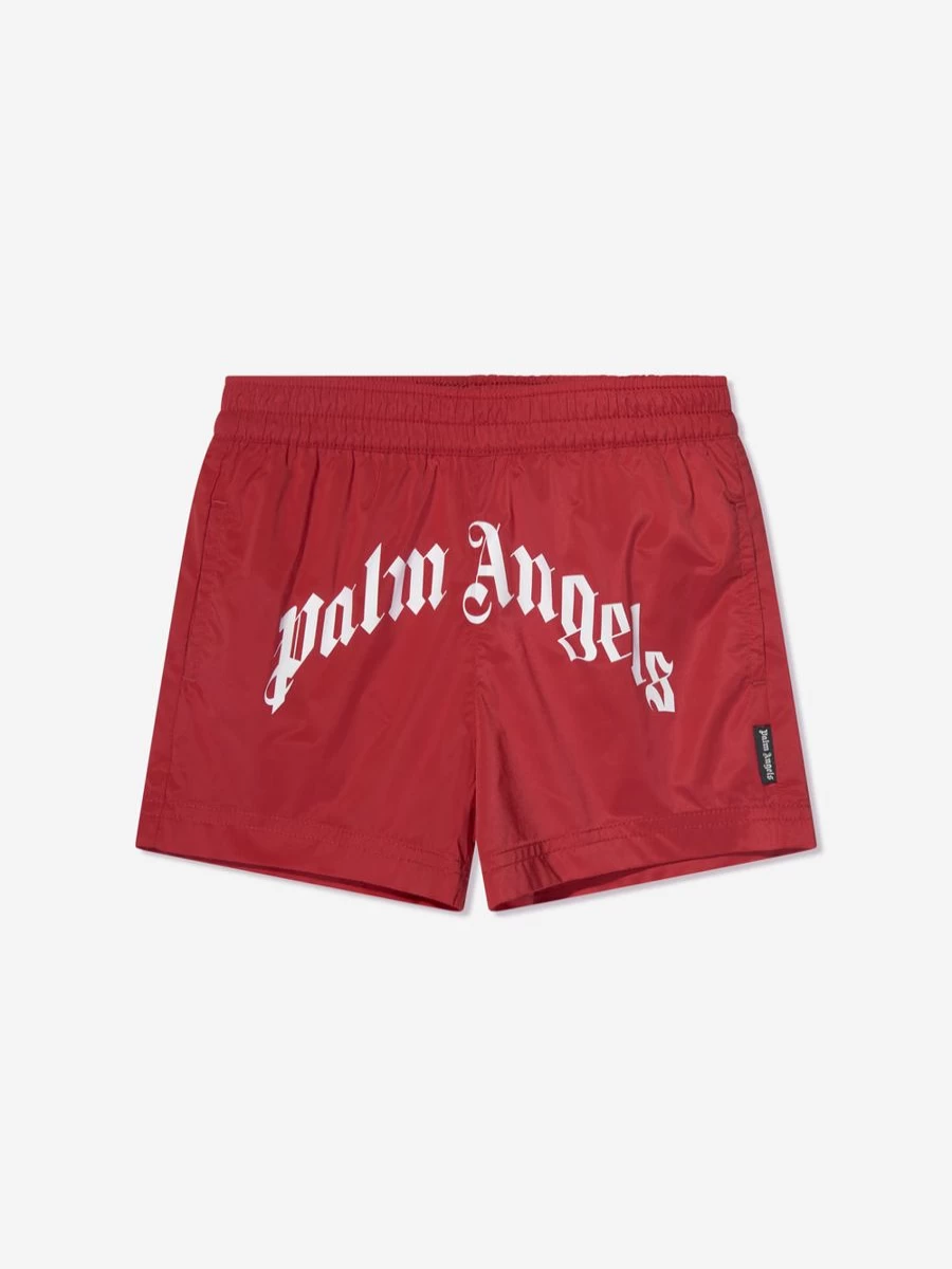 Palm Angels Boys' Red Swim Shorts with Curved Logo Design