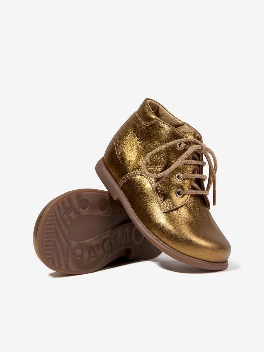 Pom D'Api Baby Girls Gold Leather Derby Boots | Soft Nioupi Casual Shoes