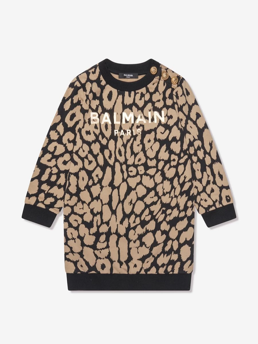 Balmain Teen Girls Brown Leopard Print Sweater Dress