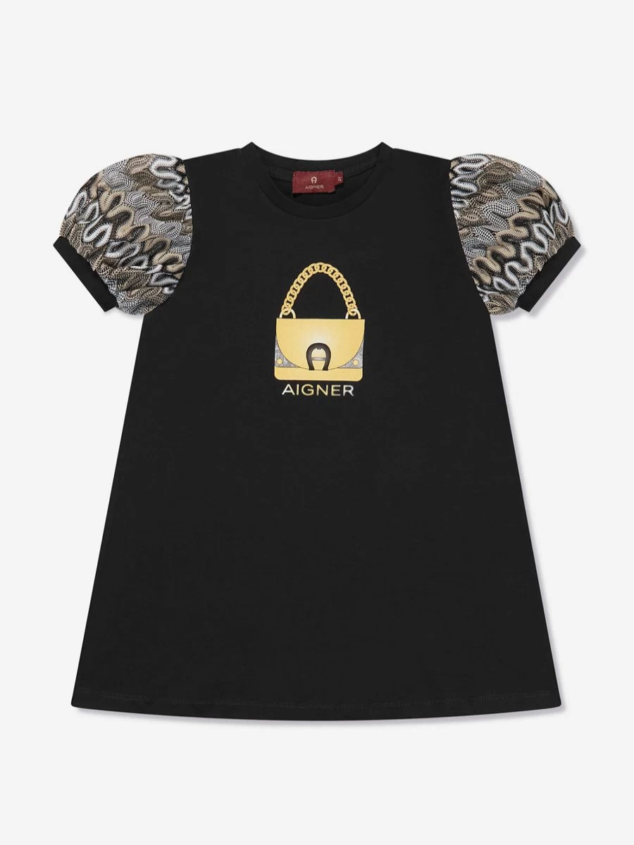 Aigner Girls Black Print Dress with Bag - Stylish Floral Summer Outfit for Kids