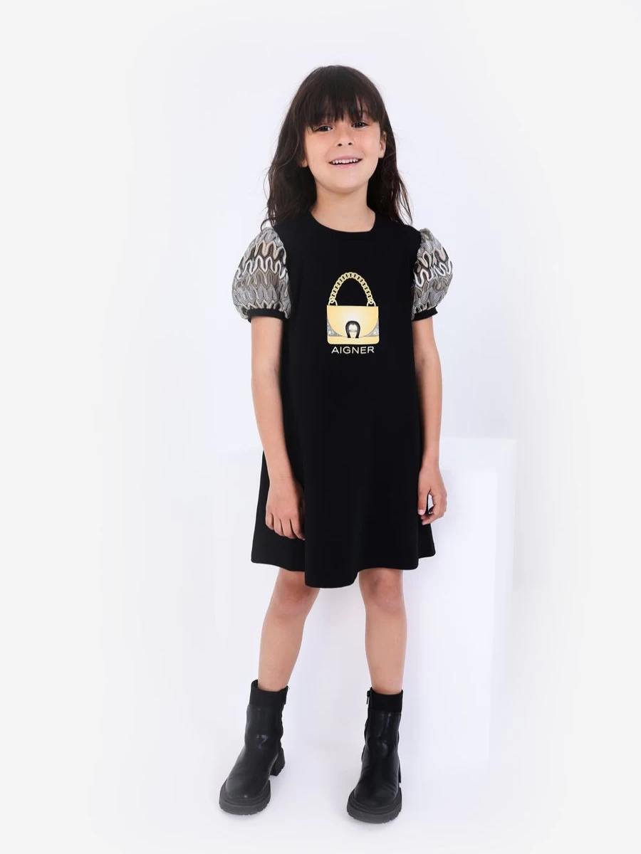 Aigner Girls Black Print Dress with Bag - Stylish Floral Summer Outfit for Kids