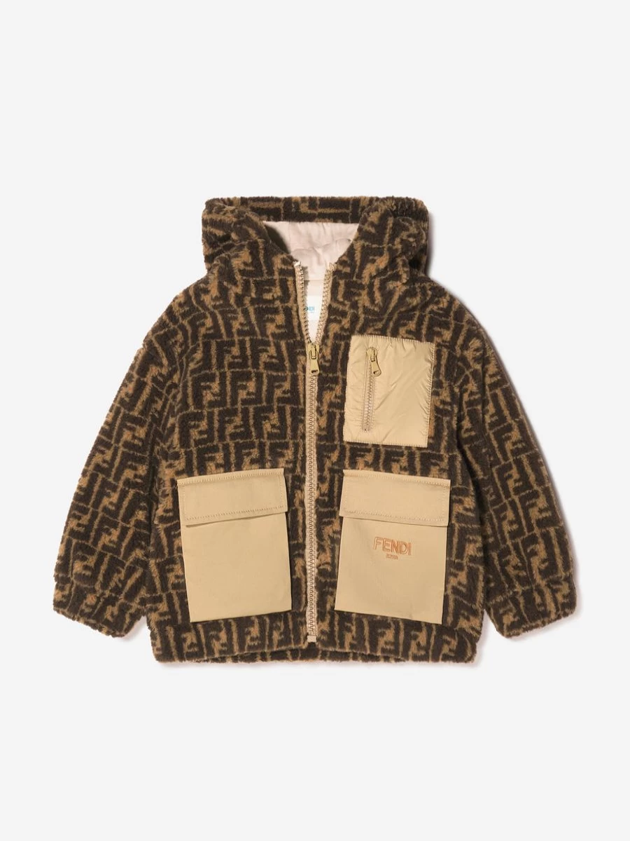 Fendi Kids Girls' Sherpa Fleece Hooded Jacket | Warm Winter Coat for Girls